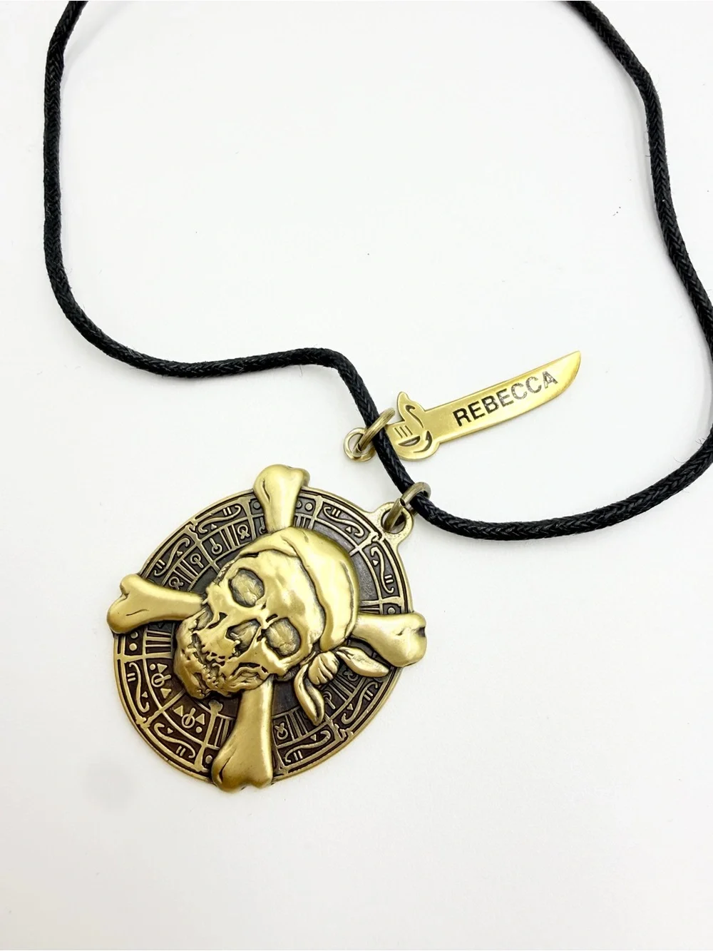 Pirate Skull Medallion Adjustable Cord Necklace with Signed Rebecca Charm - Picture 6 of 11